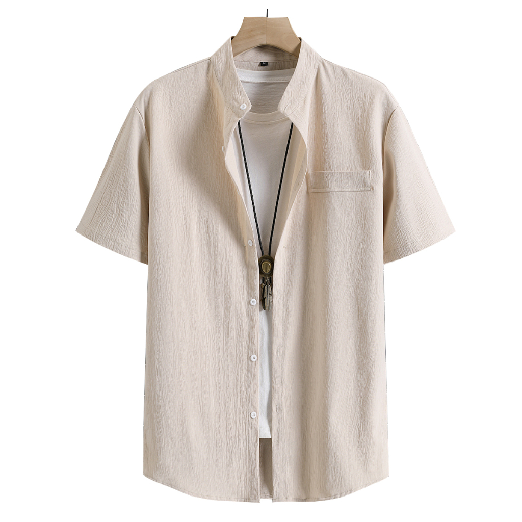 Shirts Men Shorts Sleeve Solid Beige Khaki Blouse for Male Summer Tops  Casual Men's Shirts Stand collar New