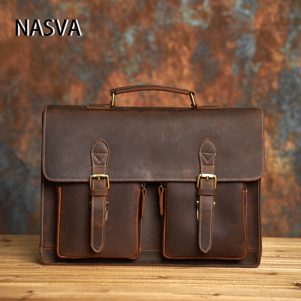 Nasva Genuine Cowhide Men's Shoulder Bag Business Handbag Men's Crazy ...