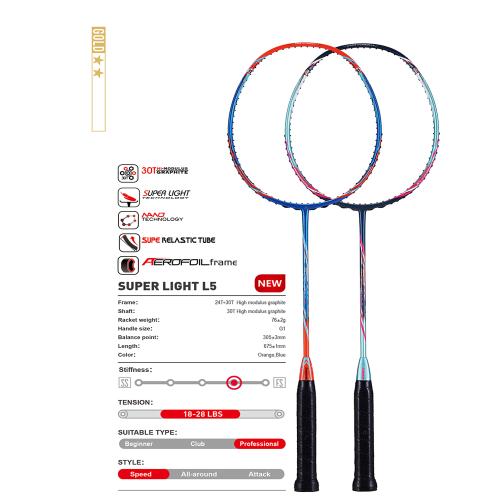 Kawasaki Badminton Racket SUPER LIGHT L5 6U Professional Attack Mid