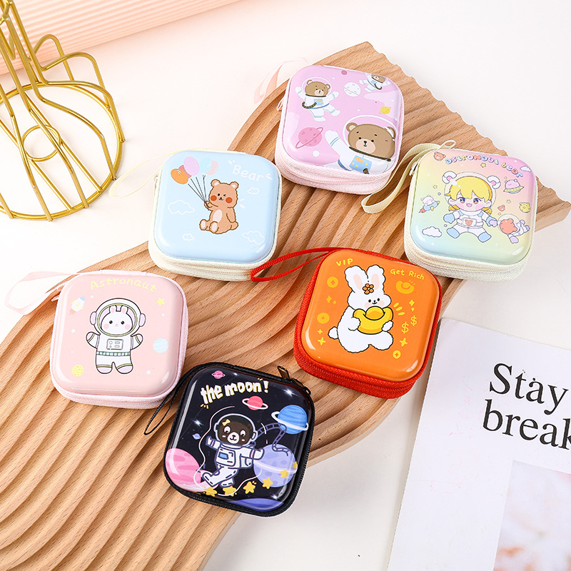 Mini gift cute cartoon coin purse square headphone cable storage box ...