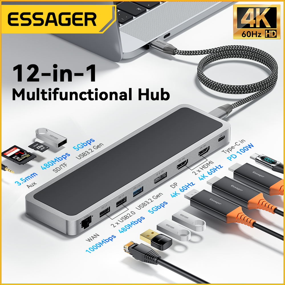 Essager 12 in 1 4K 60HZ HDMI Split Screen Docking Station 5Gbps Type C ...