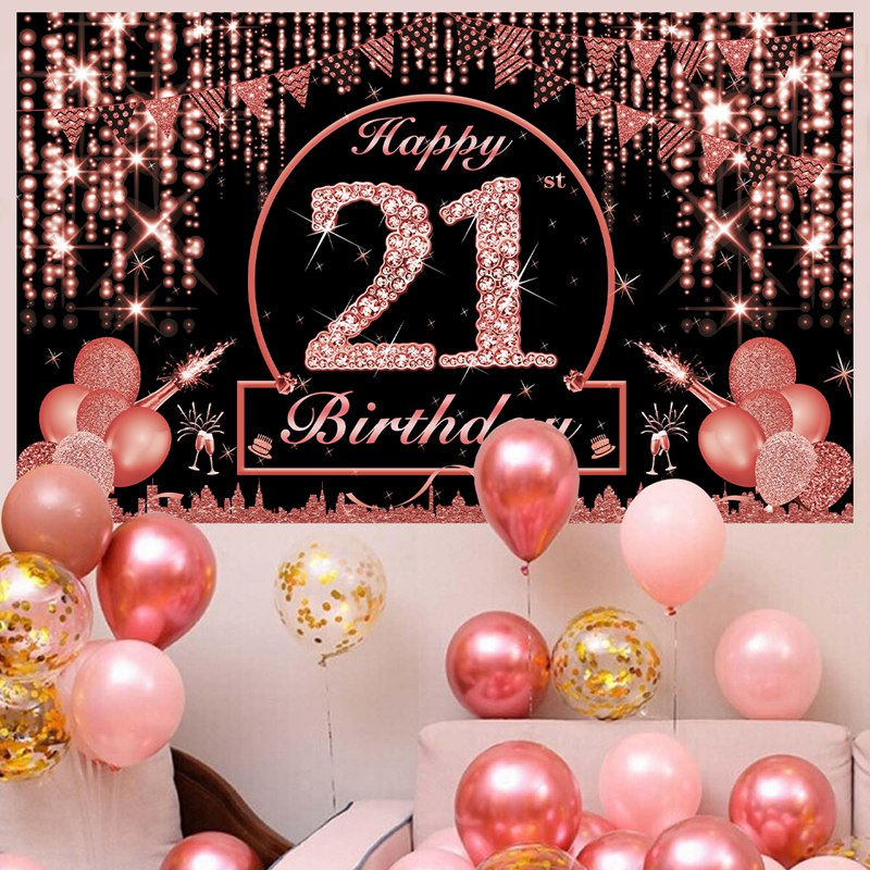 Gold Happy Birthday Glitter Backdrop Adult Rose Gold Balloon Beer ...