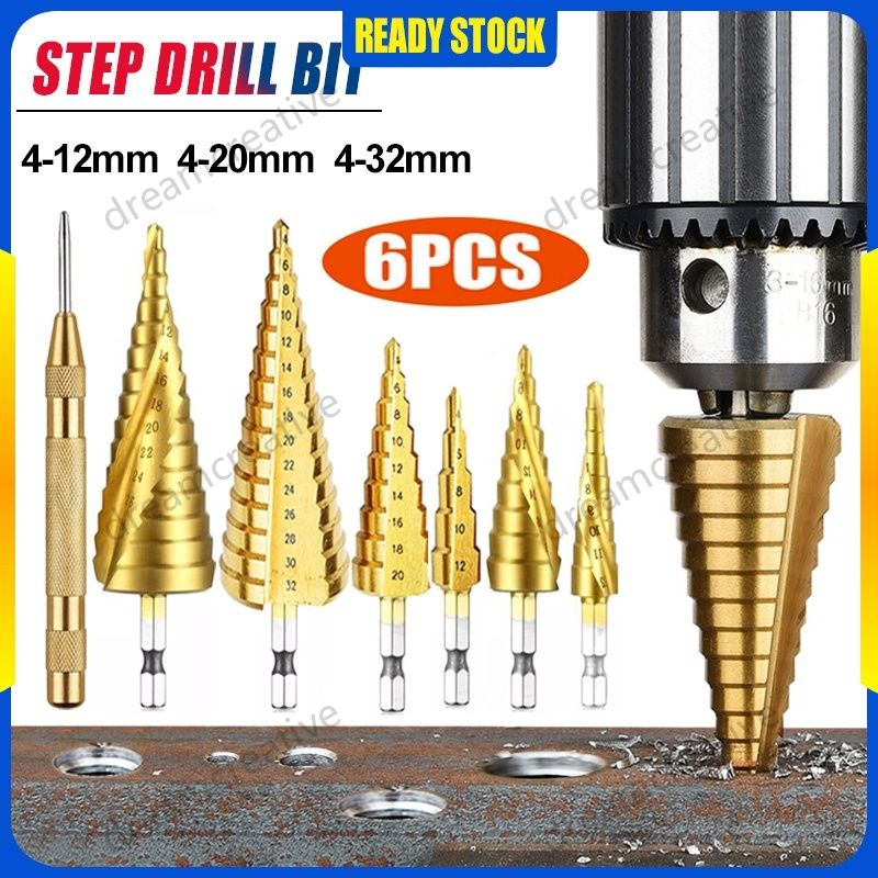 6Pcs Step Drill Bit Set Titanium Coated HSS Universal Hole opener ...