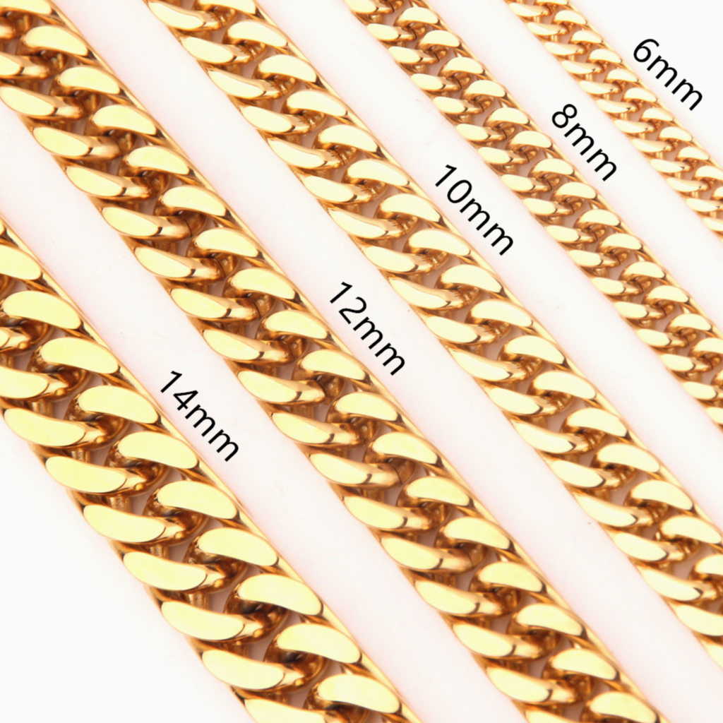 6/8/10/12/14MM Gold Plated Stainless Steel Curb Cuban Chain Mens Womens