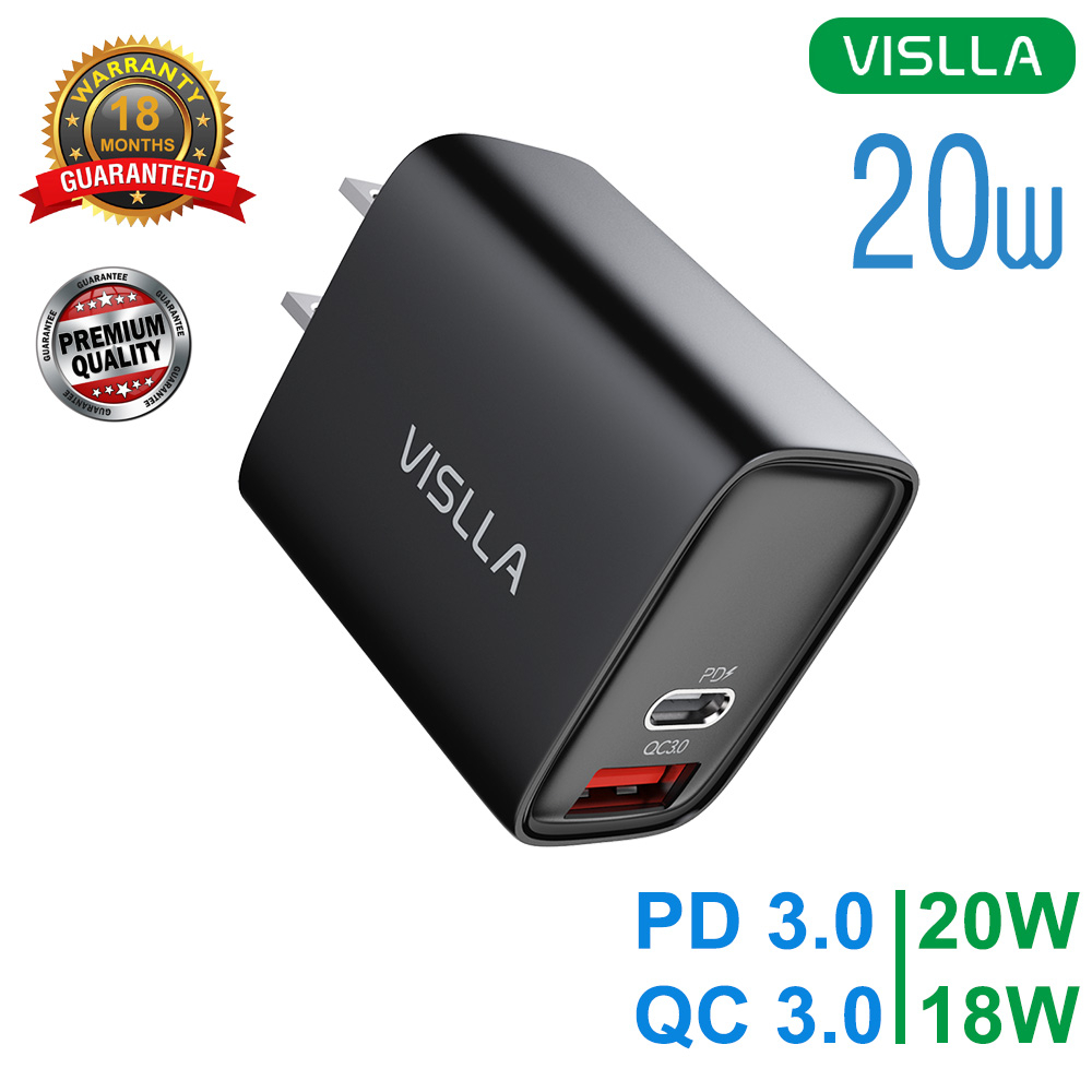 VISLLA USB C Wall Charger Block 20W Dual Port PD Fast Charger Power Delivery USB A Type C 2Port