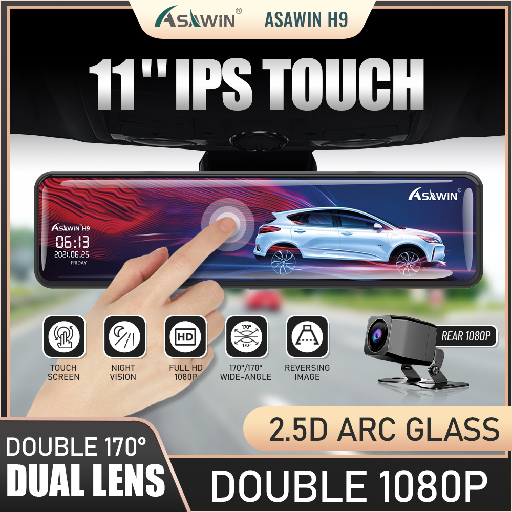 Asawin Full Touch Screen Rearview Mirror Dash Cam With Night Vision 1080P Reversing Image Park