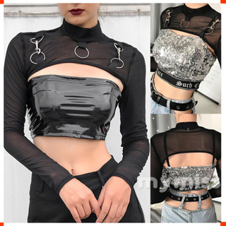 Loose Black Crop Fishnet Top T-shirt Femme Short Sleeve Sports See Through  Mesh Tops Tshirts Women