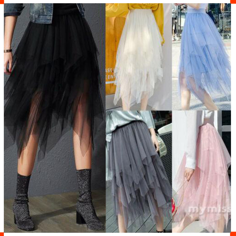 Women Chiffon Puffy Tulle Skirt High Waist Elastic A-Line Midi Skirts ...