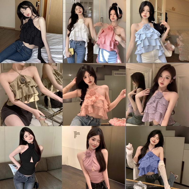Sexy hot girl halterneck vest solid color straight pants set