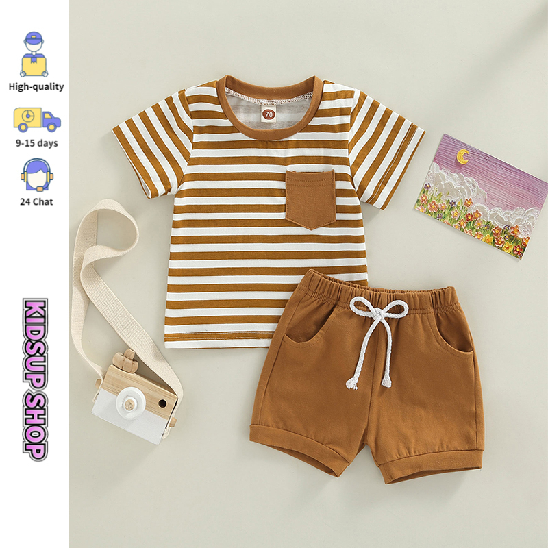 KIDSUP1Baby Boys Short Set, Short Sleeve Stripes Tshirt with Elastic