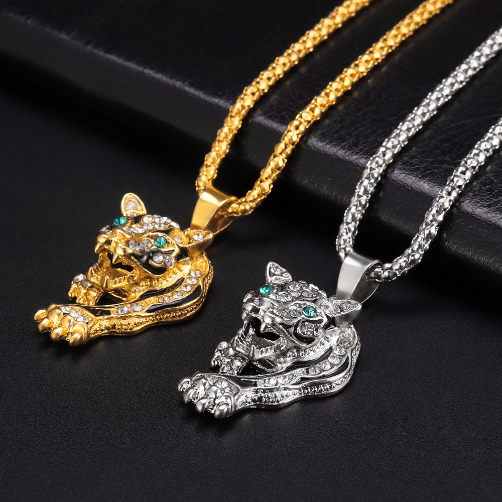 New Fashion Inlaid Emerald Tiger Head Pendant Gold Necklace Men s Punk Jewelry Shopee Philippines