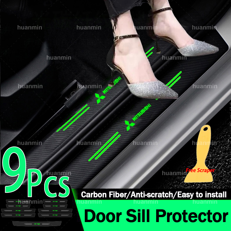 9Pieces Mitsubishi Door Sill Protector Car Luminous Side Step Sill Strip Carbon Fibre Anti