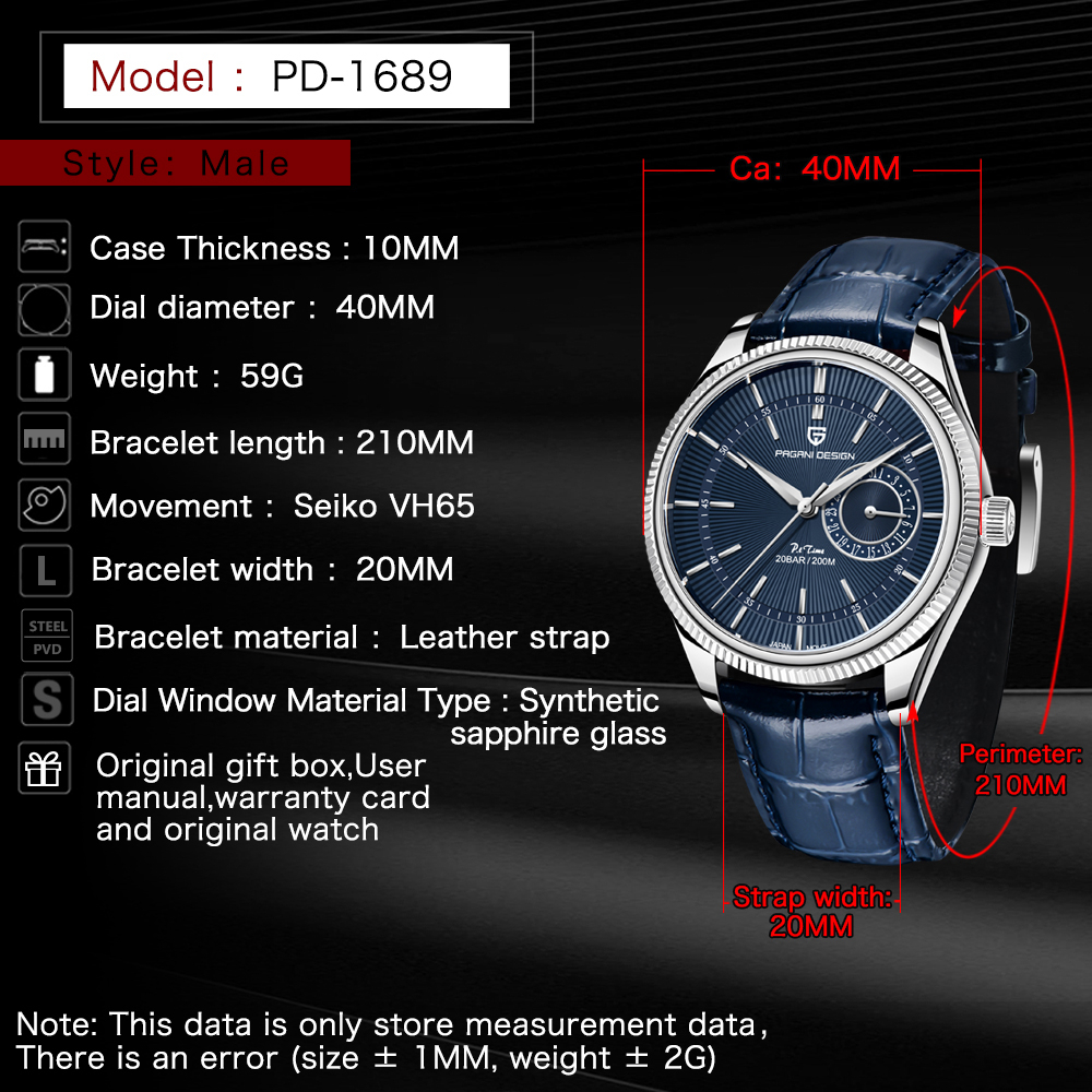 Pagani Design Original 40MM quartz watch for men Japan seiko VH65 luxury mens watch leather 100M water proof watch men watch PD 1689 Shopee Philippines