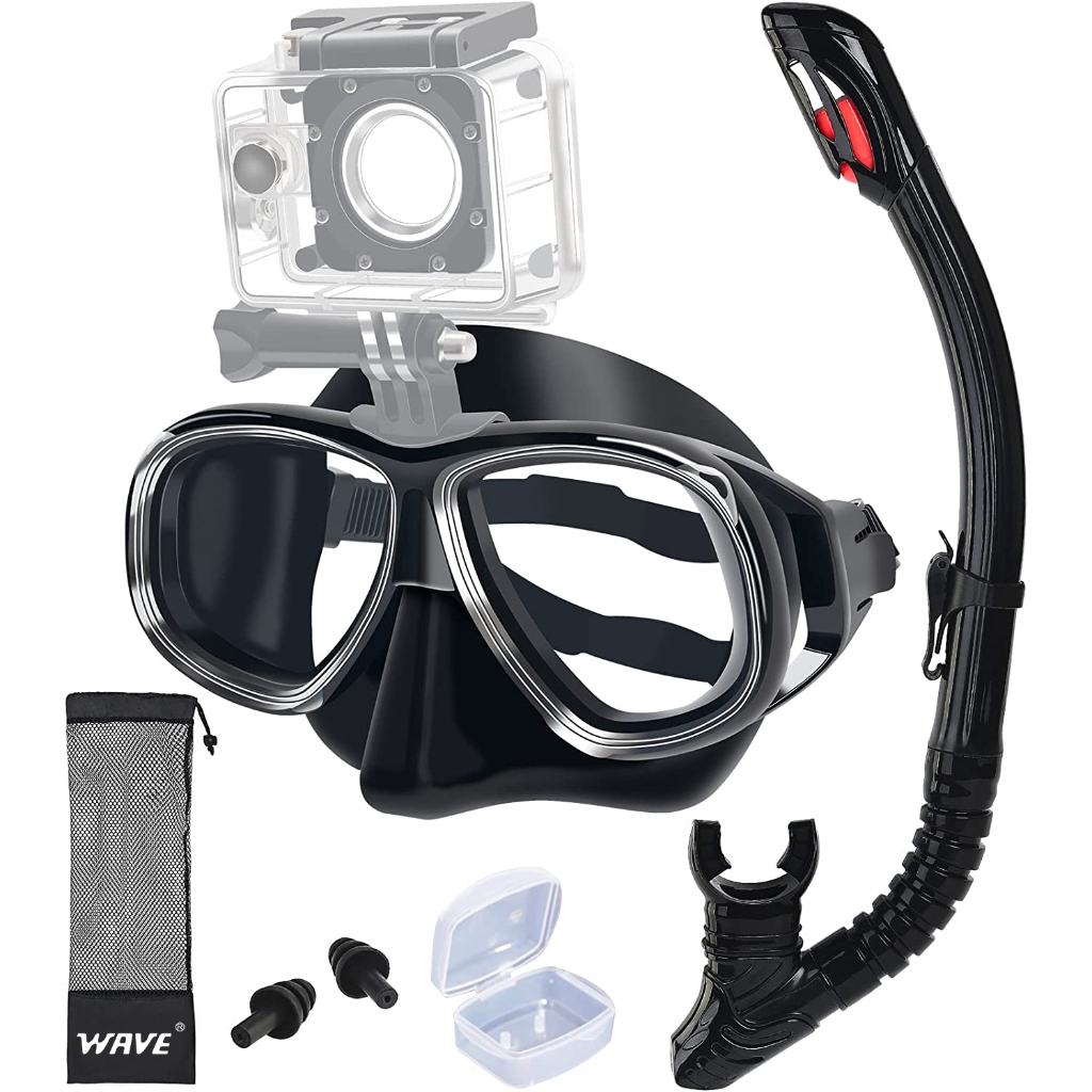Snorkel Set Pano 3/4 Adult Snorkeling Gear, Professional Anti-Fog Snorkel Mask Dry Top Snorkel, Tempered Glass Scuba Diving Mask For Freediving, Snorkeling And Swimming (Pano 3 - Black