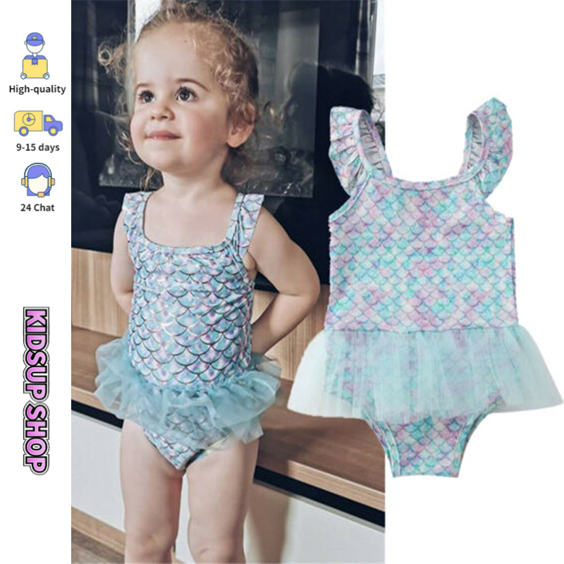 Kidsup-baby Girl Swimsuit Cute Mermaid Fish Scale Ruffle Sleeve Bathing 