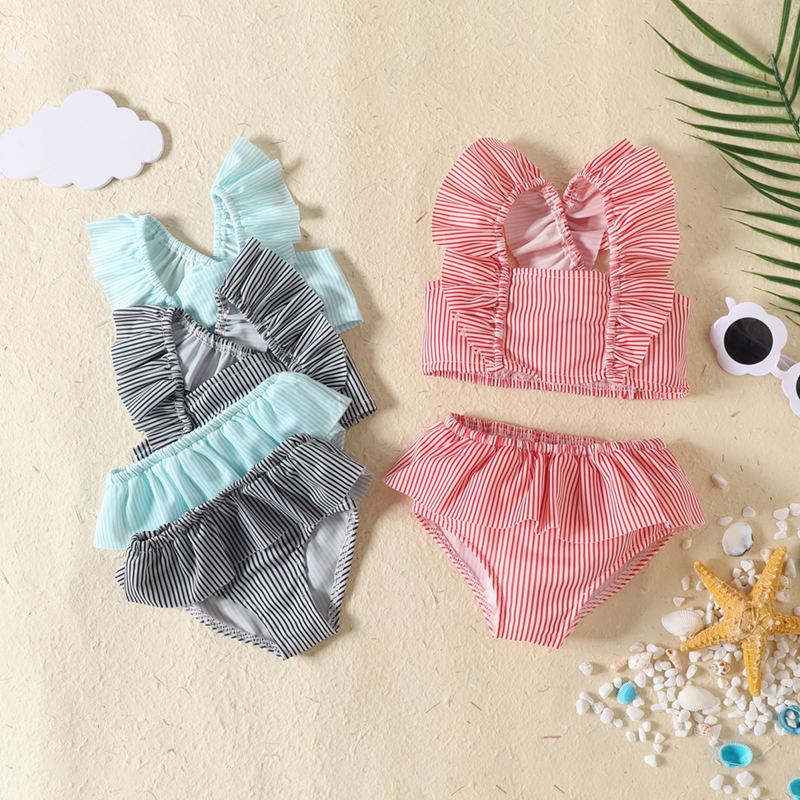 Baby swimsuit Striped ruffled sleeves swimsuit for baby girl 6 12