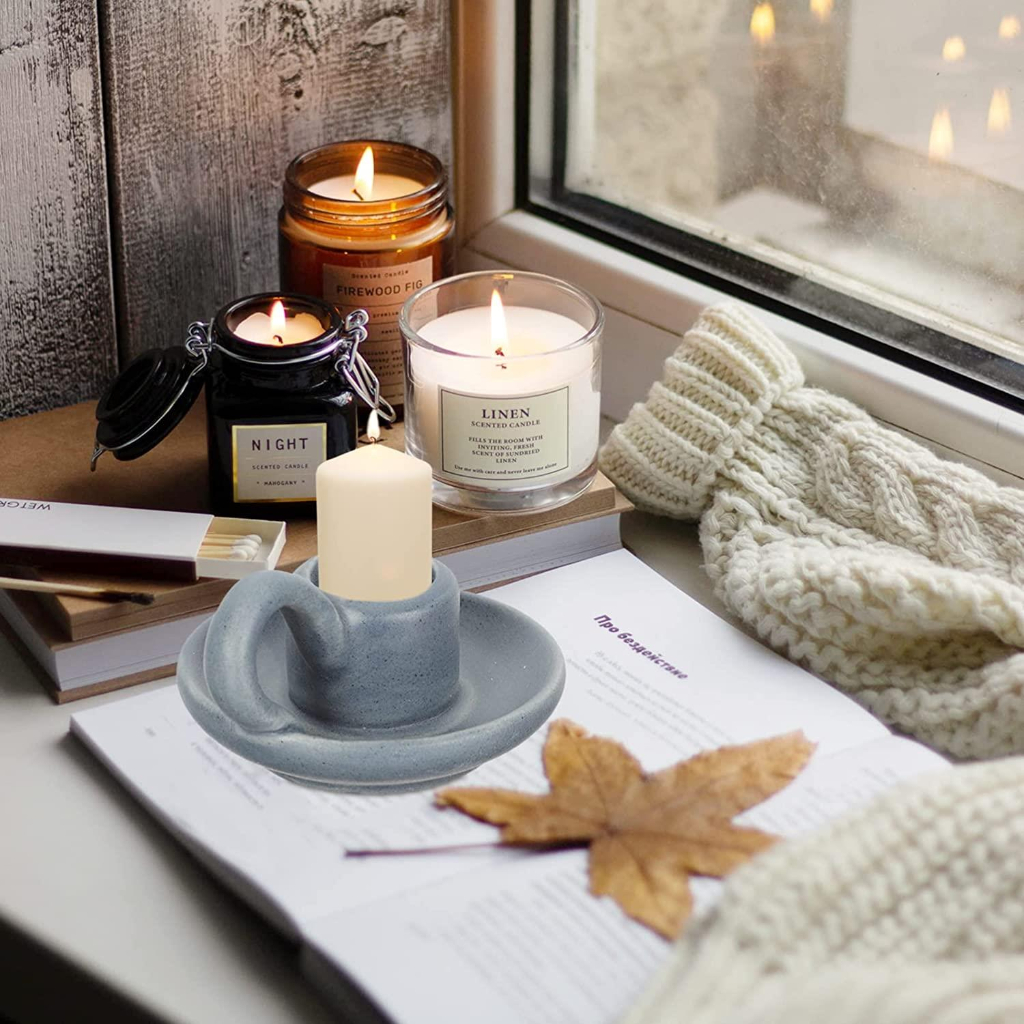 2Pcs Ceramic Candlestick Holder, Taper Candle Holder with Handle, Nordic Style Candlelight Stand