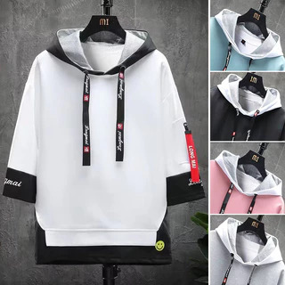 2023 Summer New Short Sleeve Hoodies Man Solid Color Drawstring