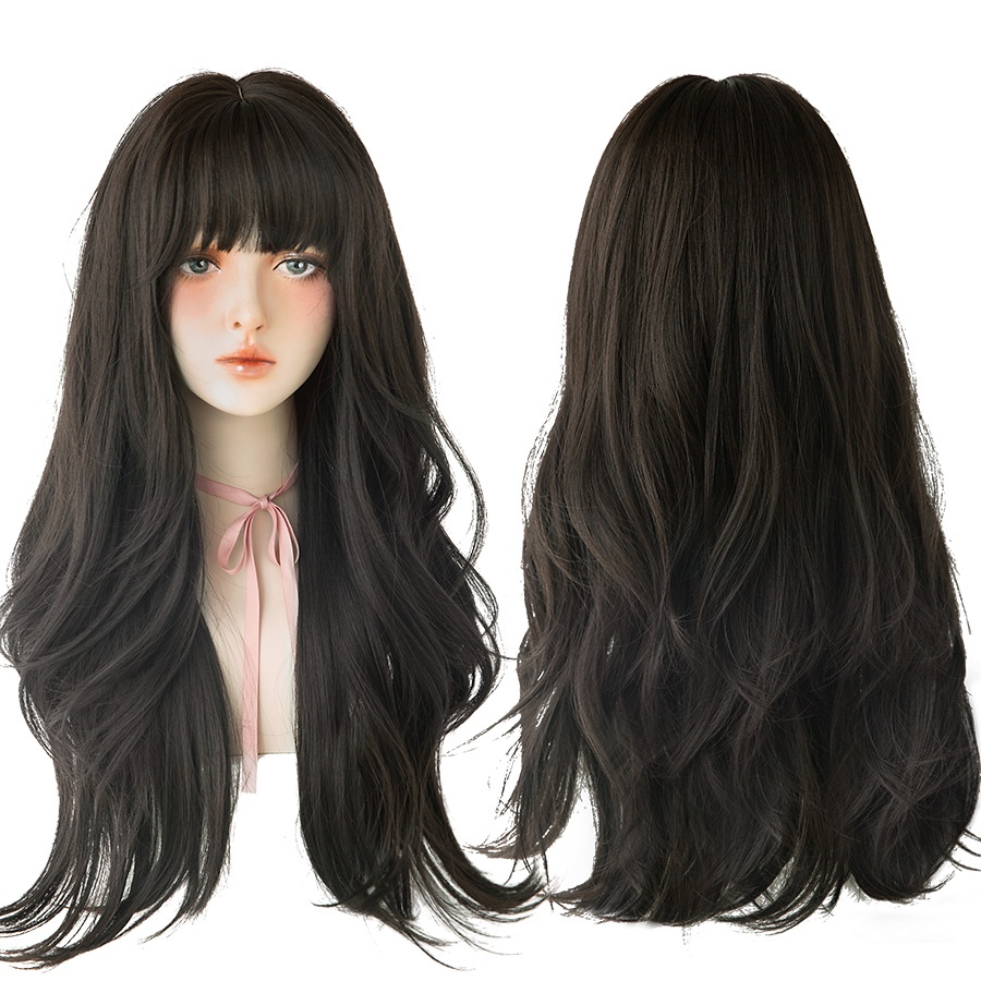 Women's wig long curly hair air bangs big wave natural lifelike fluffy curly head cover Korean