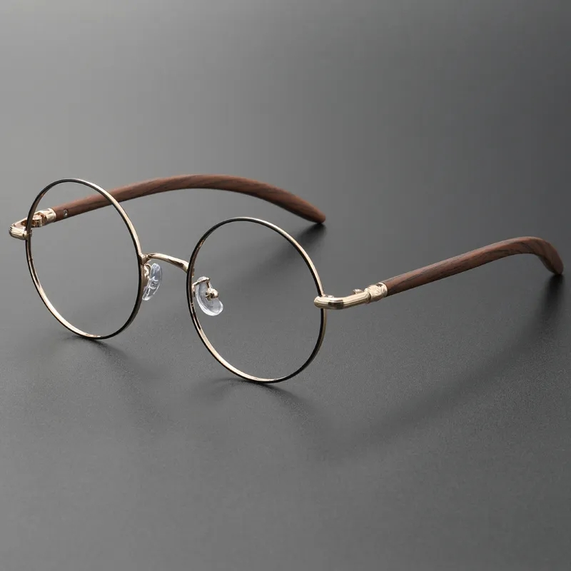 Retro Round Wood Grain Glasses Frame Men Women Metal Literature and Art  Anti Blue Light Flat Eyeglasses Frame 00102