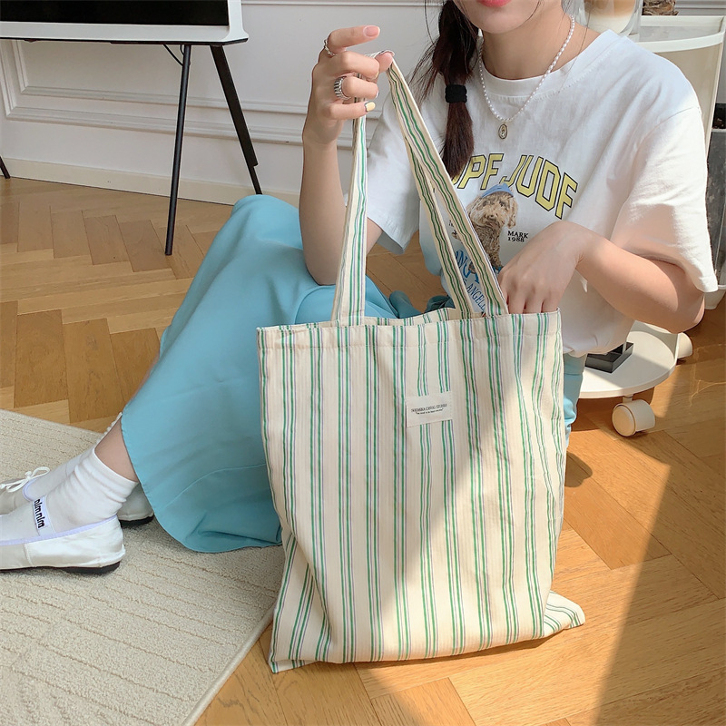 Women Canvas Striped Tote Shoulder Bags Large Capacity Foldable Eco Cloth Handbags Female Travel Shopping School Book Bag