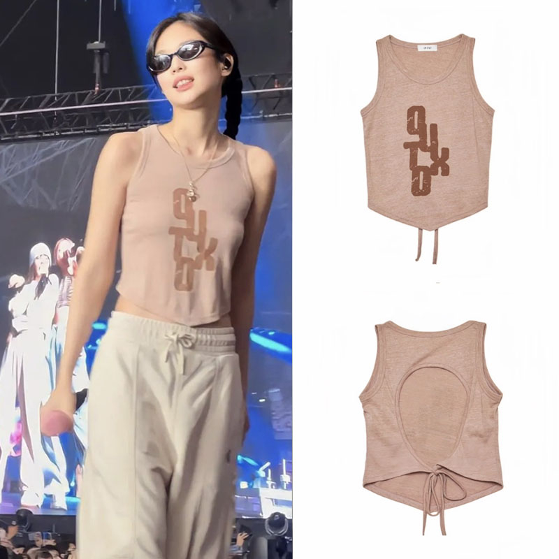 Blackpink Jennie Fashion Letter Printed Backless Irregular Tank Crop Top Sexy Slim Fit Hollow ...