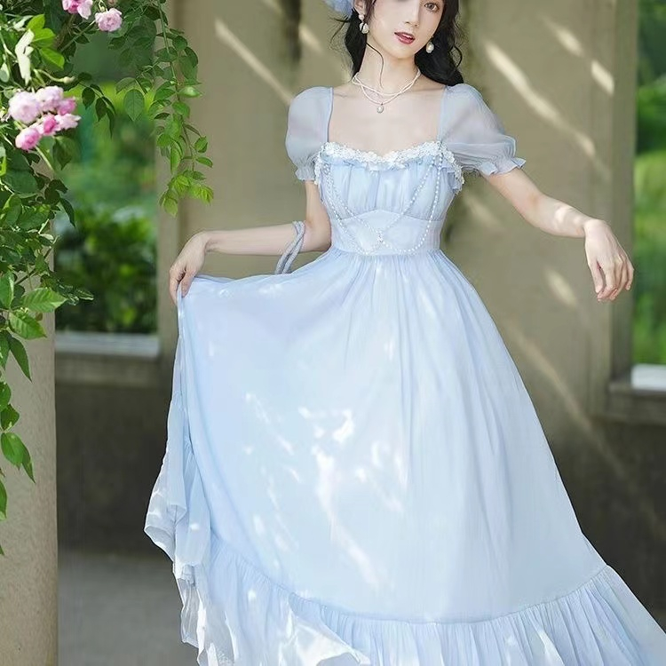 2022 French Blue Dress Slimmer Look Sweet ALine Temperament First Love