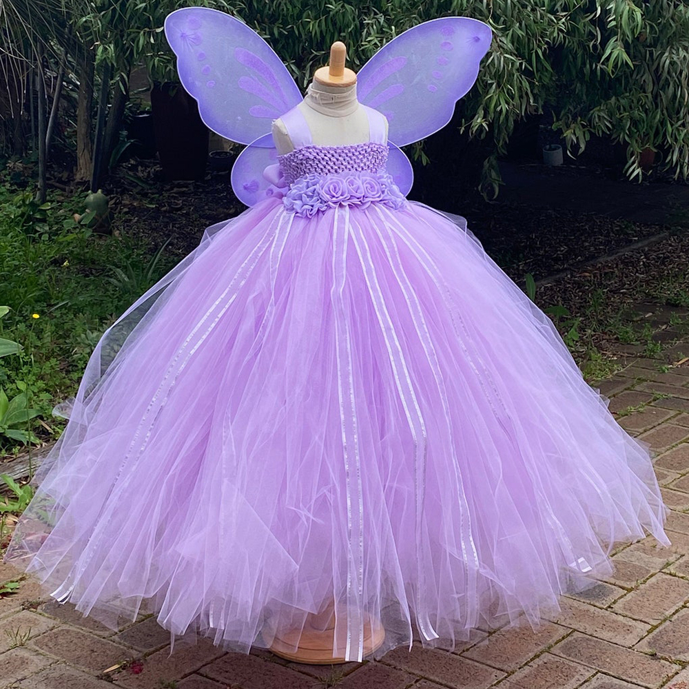 Girls Lavender Butterfly Flower Tutu Dress Kids Fairy Princess Dresses ...