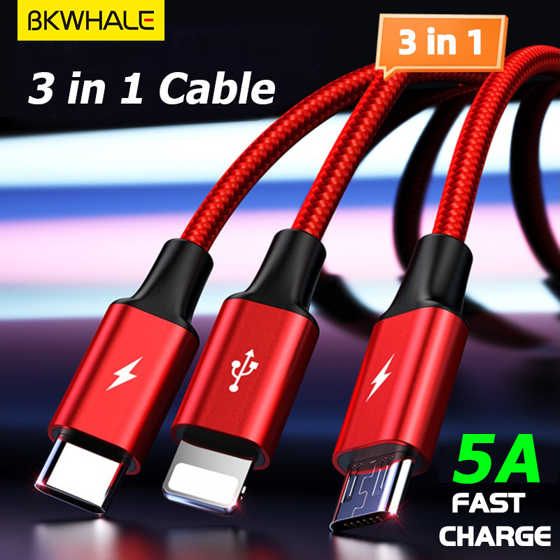 BKWHALE 3 in 1 USB Fast Charging Cable 2A 5A Charger Cable Type C / Micro USB charger Cable for