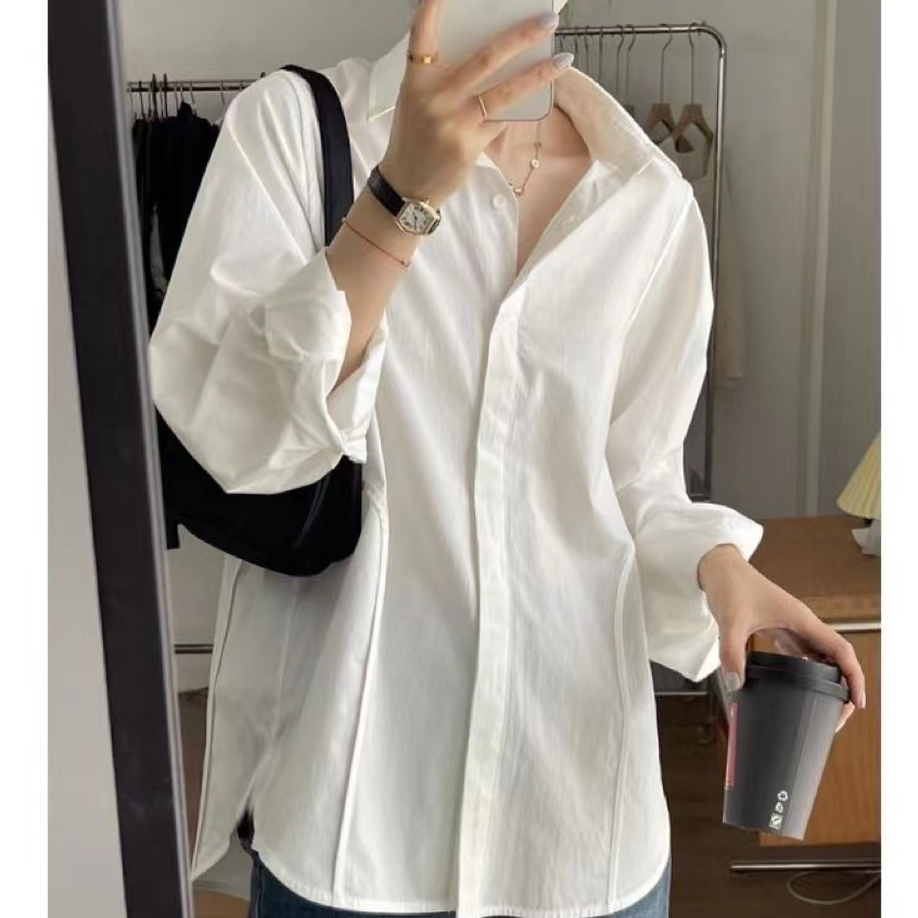 Korean women s white long sleeved blouse with loose polo neck Shopee Philippines