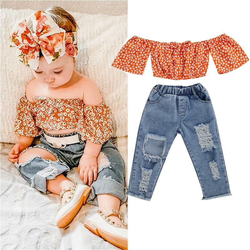 MG Baby Girls Summer Clothes Set Off Shoulder Flare Sleeve Floral