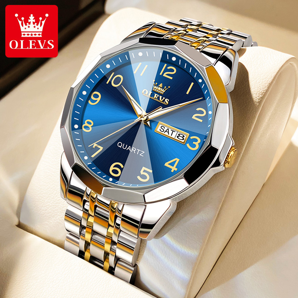 OLEVS Watch For Men Waterproof Original Stainless Steel Luminous Calendar  Blue Gold Silver Gentleman Quartz Watch 9970