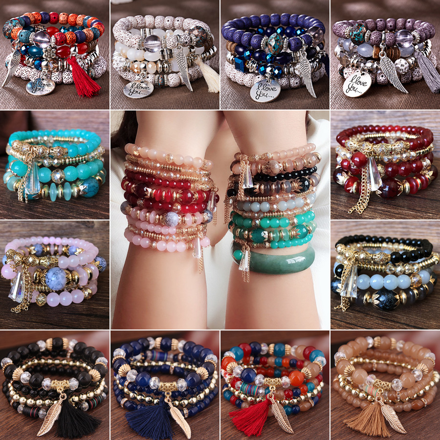 Wholesale Bohemian Crystal Beaded Bracelet Multilayer Set Elastic Chain  Bracelet Women Jewelry Gifts
