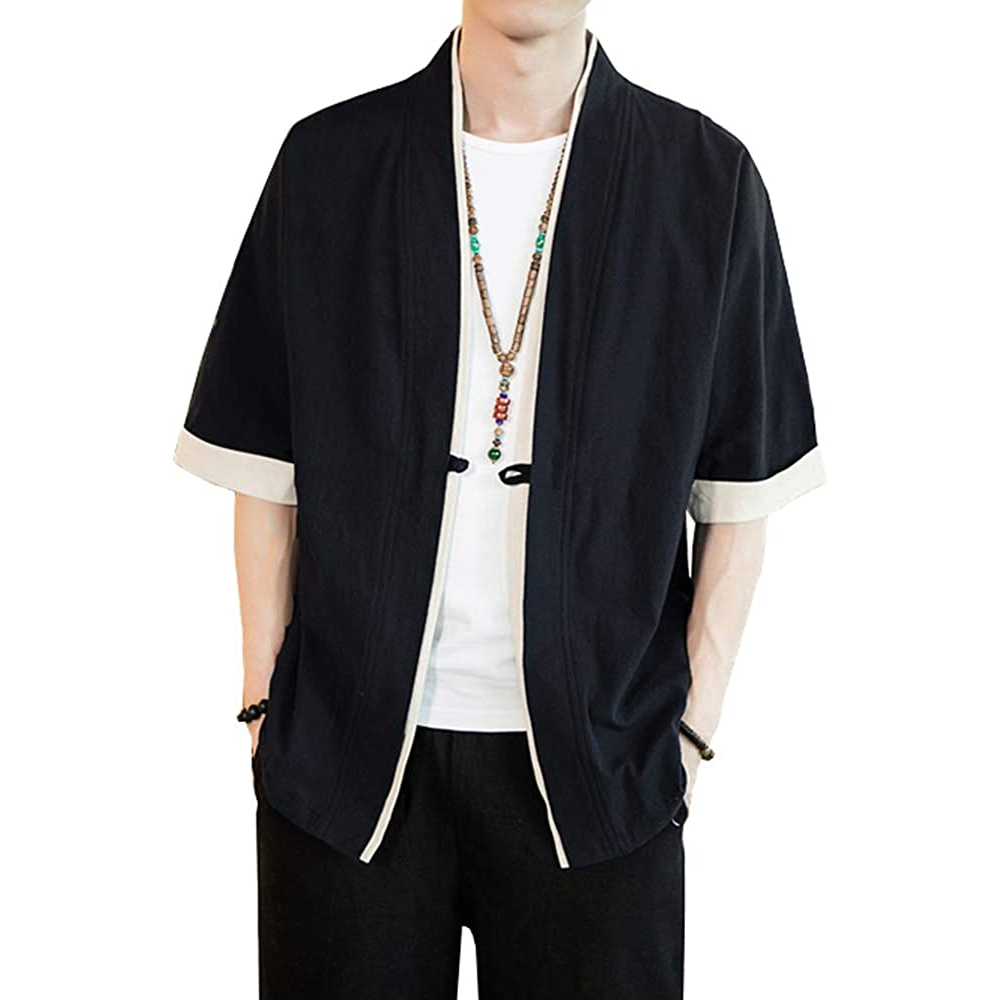Men's Fashion Streetwear Linen Kimono Loose Short Sleeve Cardigan Shirt ...