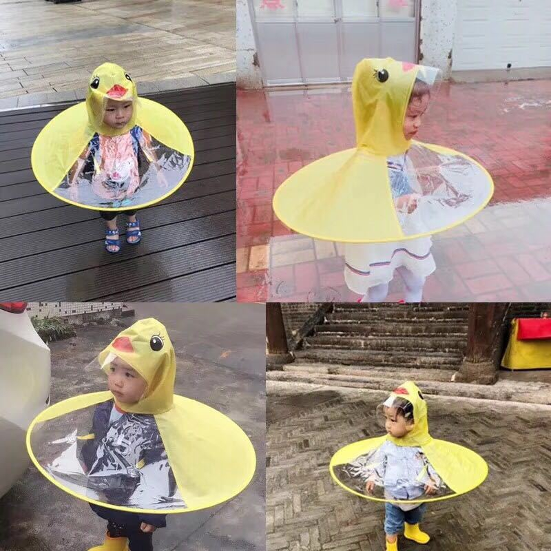 Children's Duck Raincoat In Various Sizes UFO Umbrella Cartoon Cape With Hood In Rain For Boys And Girls In Yellow, L - 11