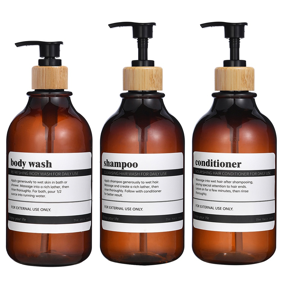 Refillable Shampoo Conditioner Body Wash Dispenser with Bamboo Pump