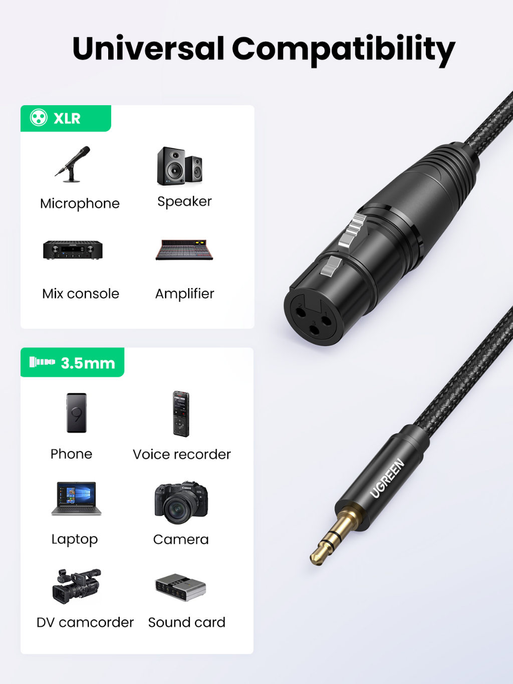 UGREEN XLR To 3.5mm Microphone Audio HiFi Cable XLR Female To Mini Jack