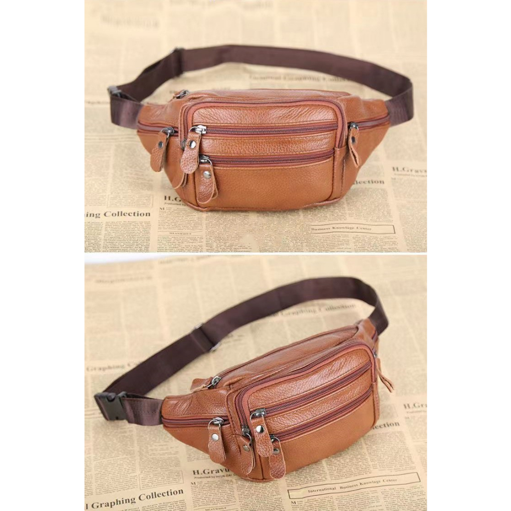 100 Genuine Leather Waist bag Cowhide men s bag chest bag belt bags travel sling backpack Shopee Philippines