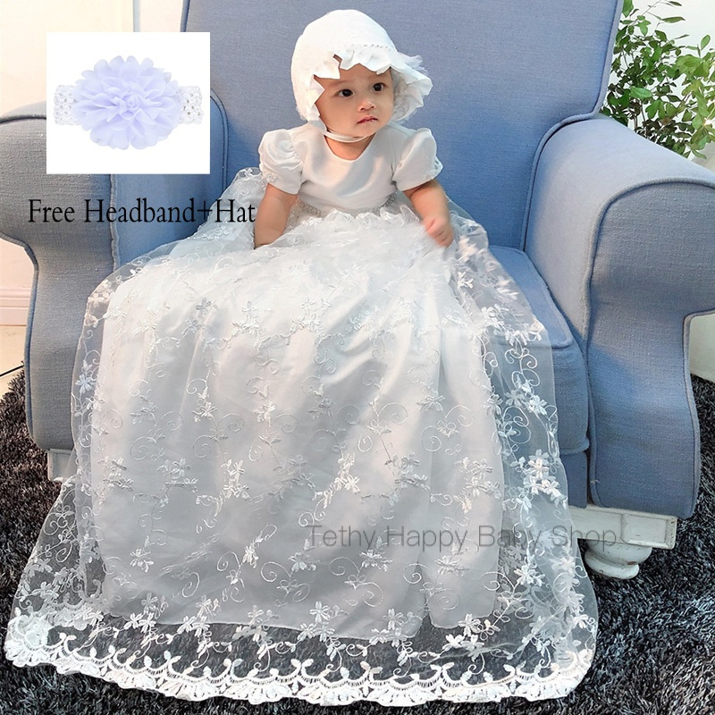Newborn Baby Girl Summer Dress With Hat - Flower Lace Baptism Christening Outfit