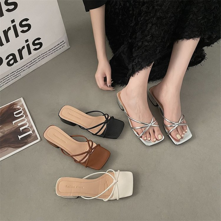 High Heels Square Toe Thick Heel Slimmer Look Women's Shoes Shopee