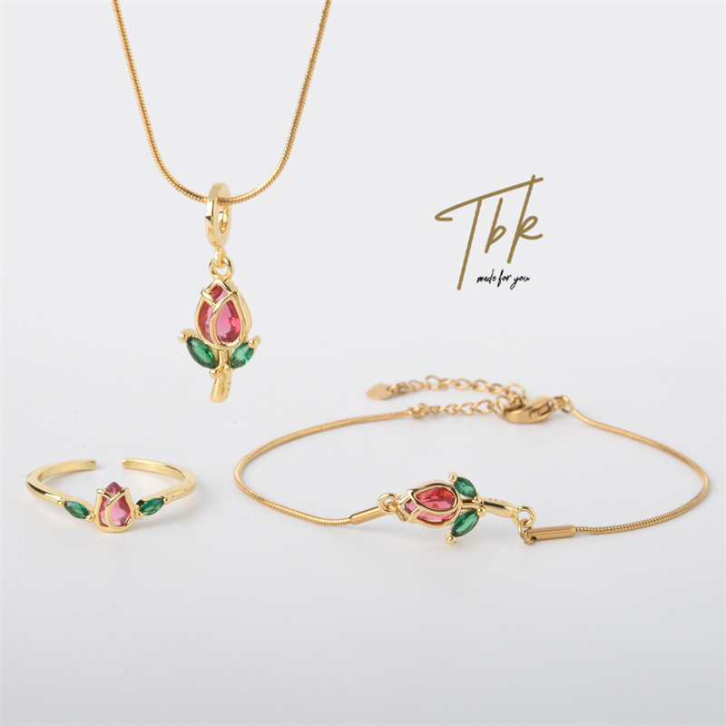 TBK 18K Gold Diamond Tulip Necklace Bracelet Adjustable Ring Jewelry