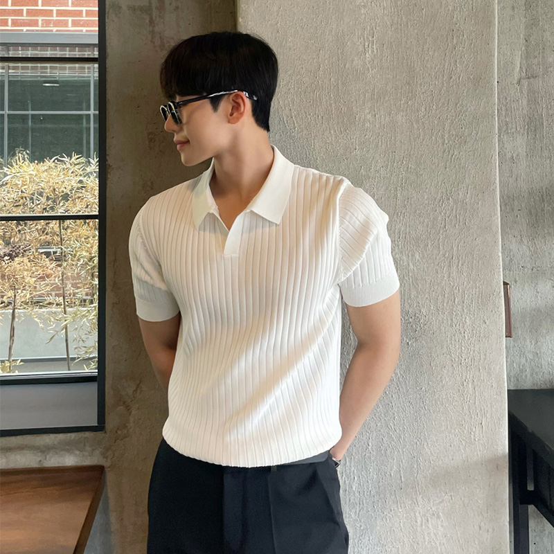 WD Summer Stripe Short Sleeve POLO Shan Men's Korean Fit Polo Solid