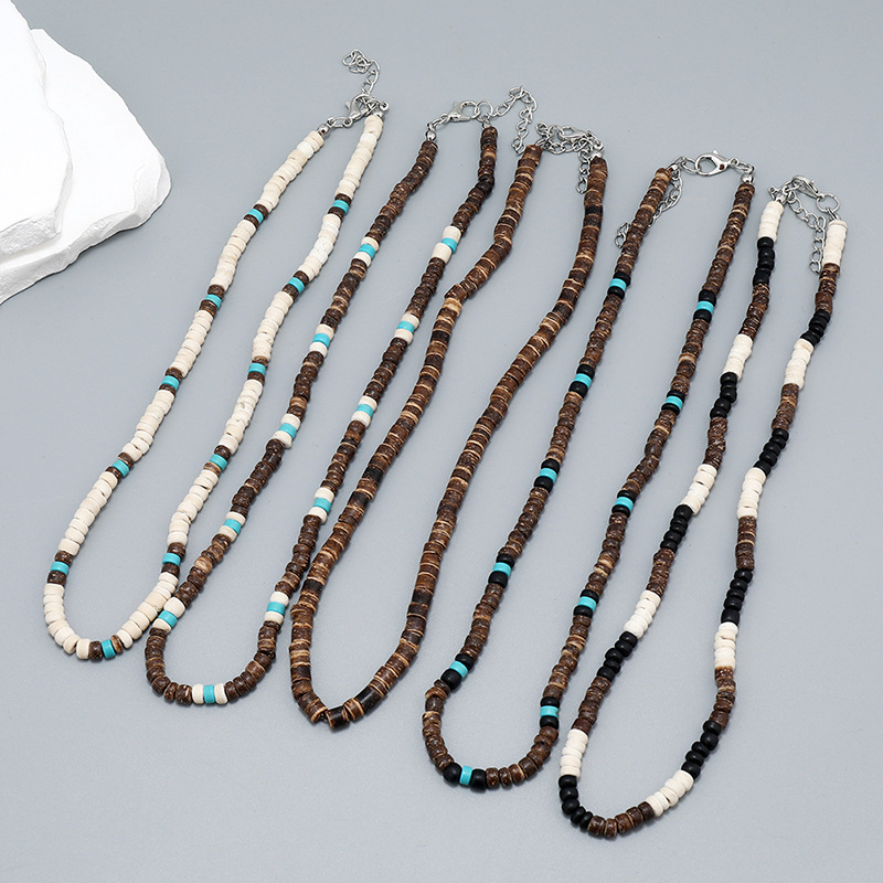 Vintage Rustic Men Blue Beaded Necklace Natural Coconut Shell Necklace
