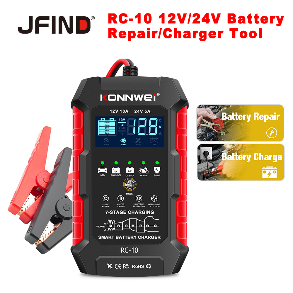 KONNWEI RC10 12V 10 A 24V 5A Car Battery Charger Full Automatic Fast Charging Pulse Repair