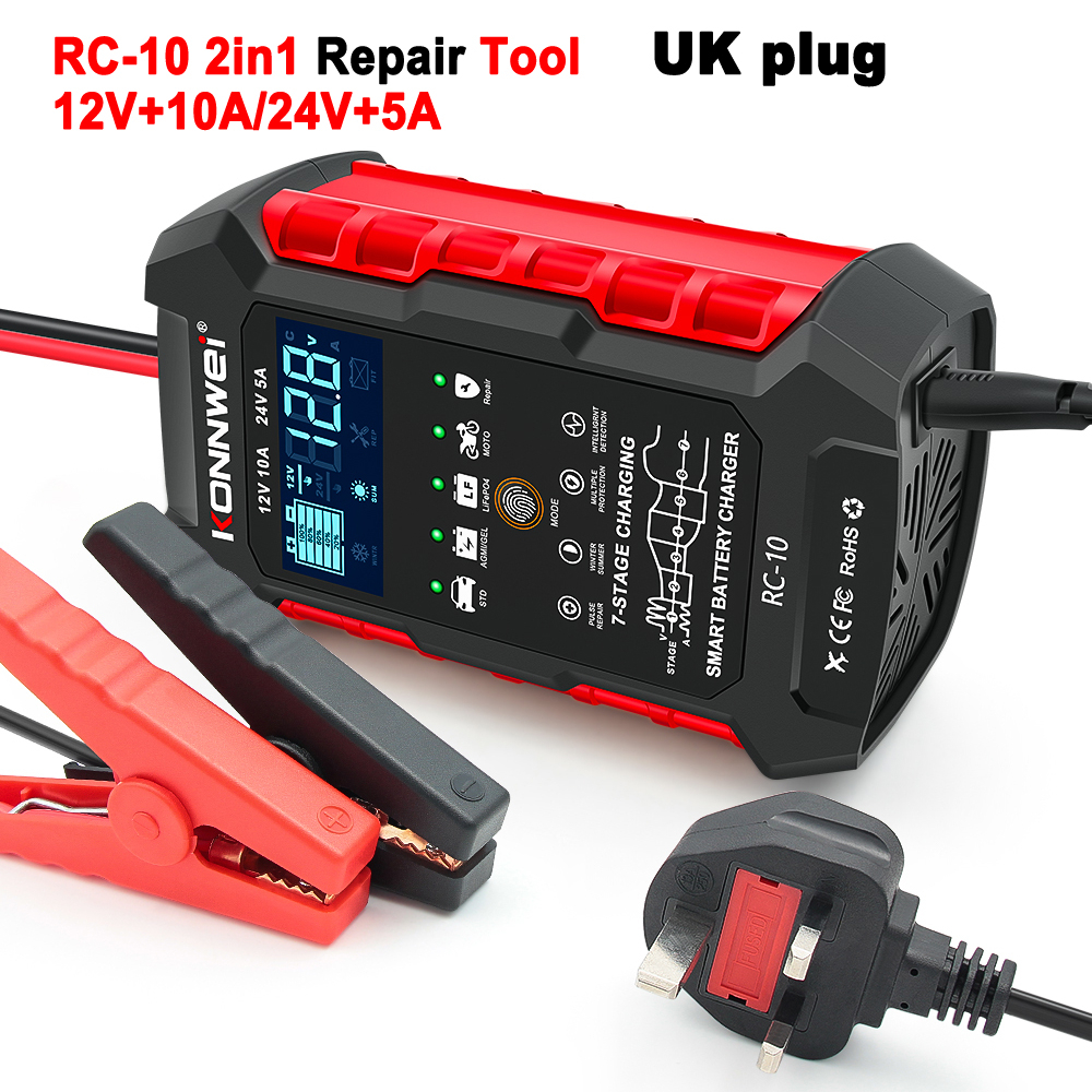 KONNWEI RC10 12V 10 A 24V 5A Car Battery Charger Full Automatic Fast Charging Pulse Repair