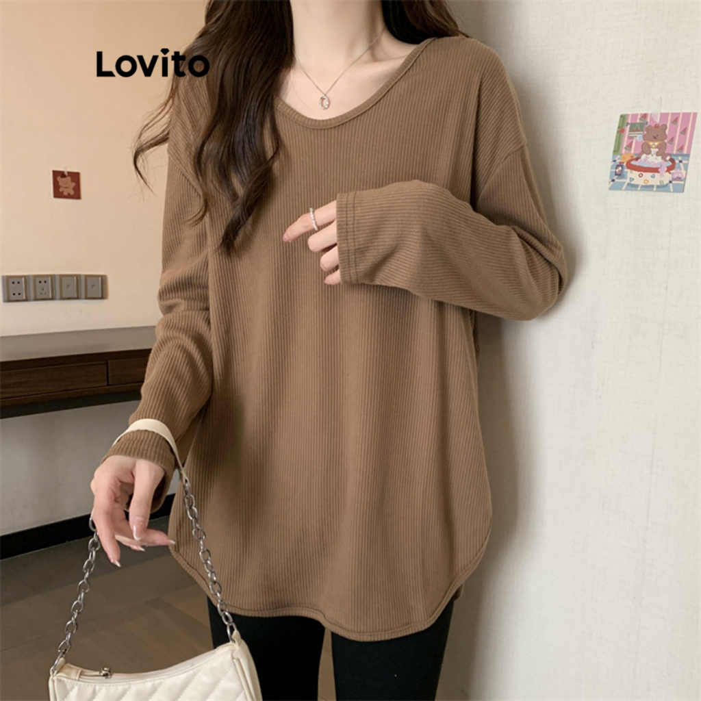 Lovito Casual Plain Basic Round Neck Long Sleeves T-Shirt for Women ...