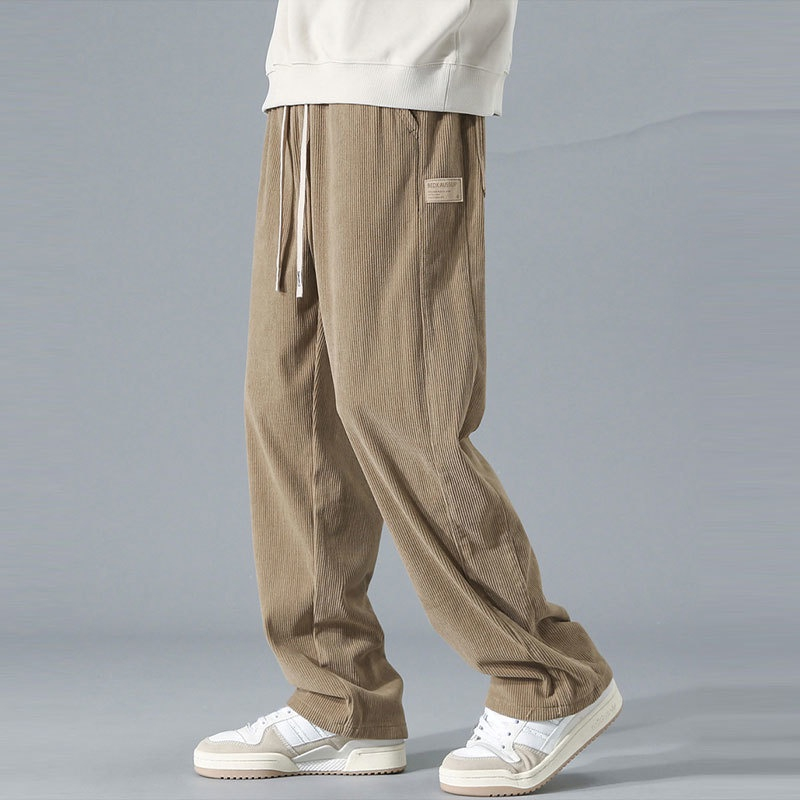 【onenjoy】labeling Corduroy Pants For Men Stripe Texture Korean Khaki Baggy Straight Cut Slacks 2529