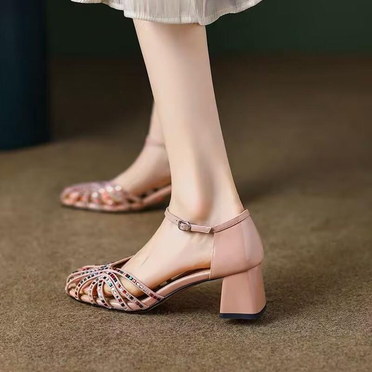 High Heel Sandals Women's ToeCovered Cutout Chunky Heel Sandals Size