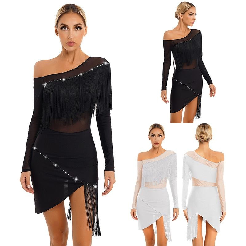 Womens Oblique Shoulder Fringed Dance Dress Sheer Mesh Patchwork Long ...