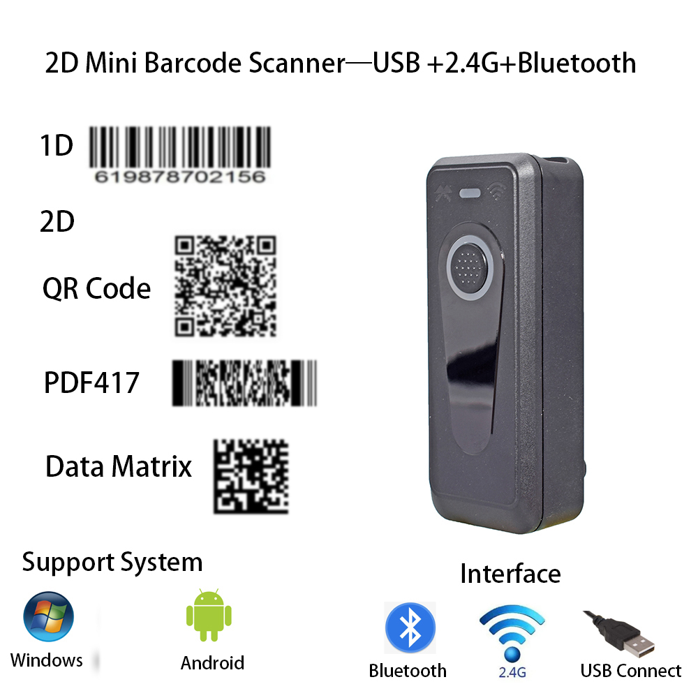 1D 2D Mini Bluetooth Mobile Barcode Scanner With Clip Wireless 2.4G USB ...